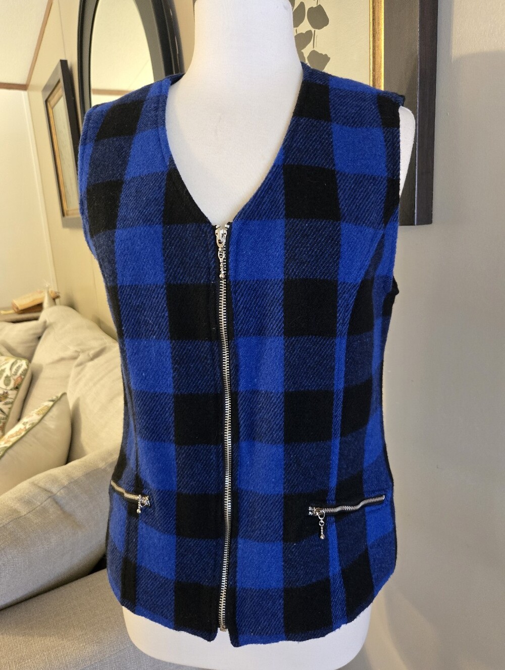 Raphaella:Blue and Black Buffalo Check Zip-Front Vest